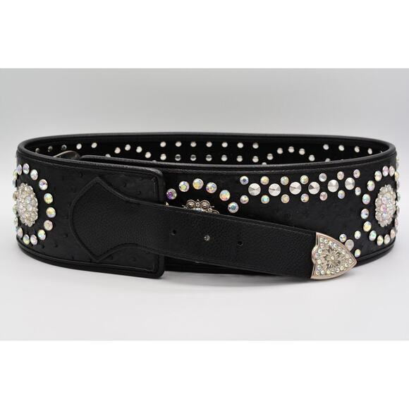 Genuine Leather Large Belt Rhinestone Crystal Aurora Borealis Black Thick